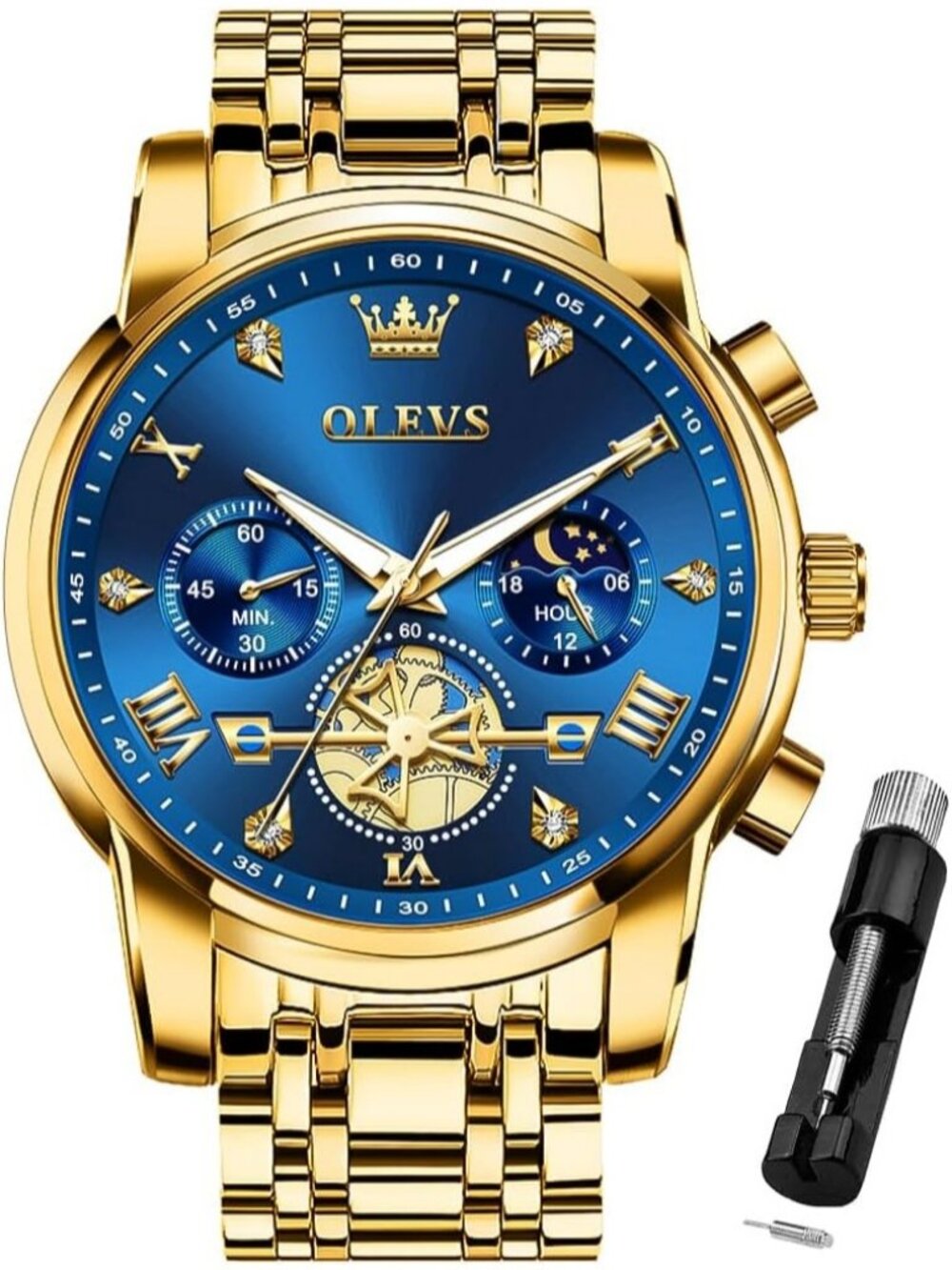 Mens Gold Blue Skeleton Stainless Steel Diamond Multi Calendar Chronograph Watch